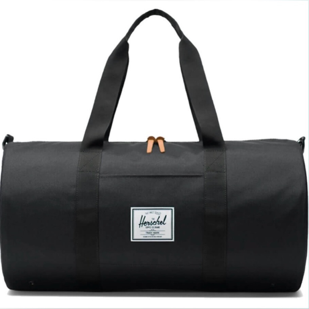 NWT Herschel Supply Co. Sutton Mid Duffel Bag Black logo brown leather pulls